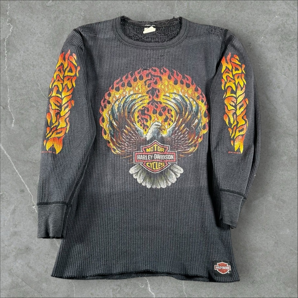 Vintage Harley Davidson Shirt Mens Large Black‎ 1990s Flame Sleeve Thermal Eagle